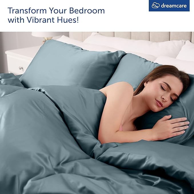 DREAMCARE Queen Size Sheets - Cooling Bed Sheets - 4pcs Set - up to 15" Deep Pocket Queen Sheet Set - Sheets Queen Size Bed - Soft & Long Lasting 100% Fine Microfiber with Side Pocket - Mineral Blue