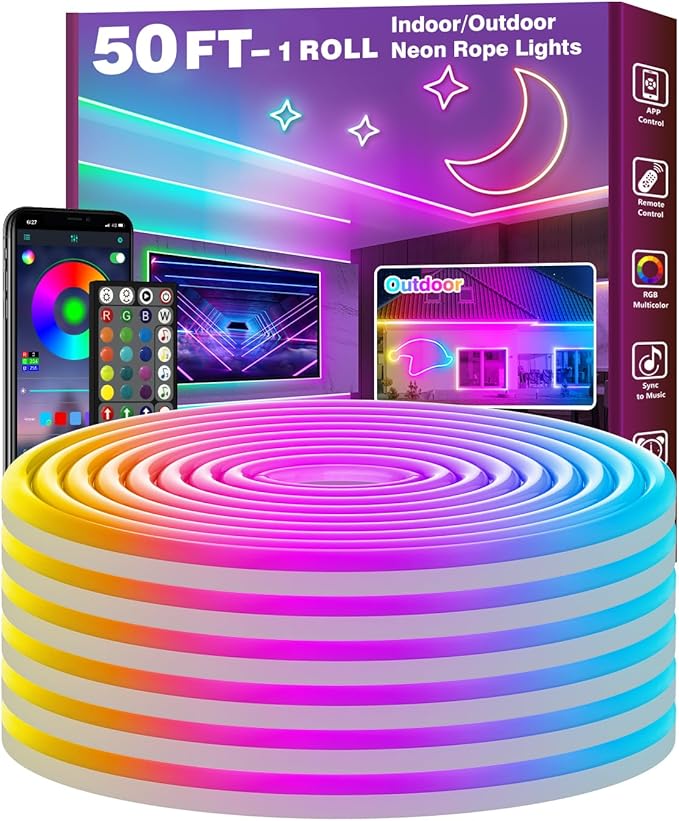 FBZ 50Ft Led Rope Lights, Flexible Neon Lights Control with App/Remote, Multiple Modes, IP65 Outdoor RGB Waterproof, Music Sync Gaming Light Strip for Bedroom Decor