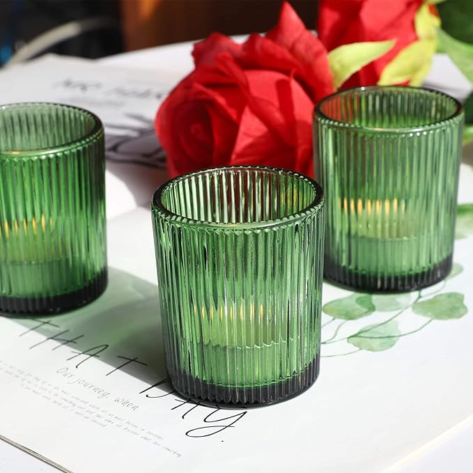 VOHO Votive Candle Holders Set of 24, Green Candle Holder for Tealight & Votive Candles, Vintage Ribbed Glass Tea Lights Candle Holder for Home & Christmas Decorations