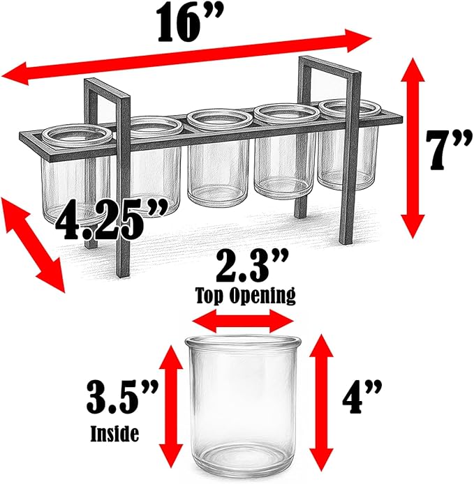 Seraphic 5-Cup Rustic Modern Floating Candle Holder Table Centerpiece Decoration for Dining Room, Kitchen, Patio, Weddings, Metal Iron with Glass Cups, 16" Long