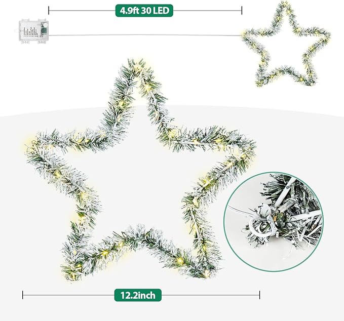 MAOYUE Christmas Window Lights 3 Pack Christmas Star Lights with Snow Pine Leaves Battery Operated Christmas Lights for Outdoor Christmas Decorations, Window, Indoor, Door, Porch, Party, Warm White