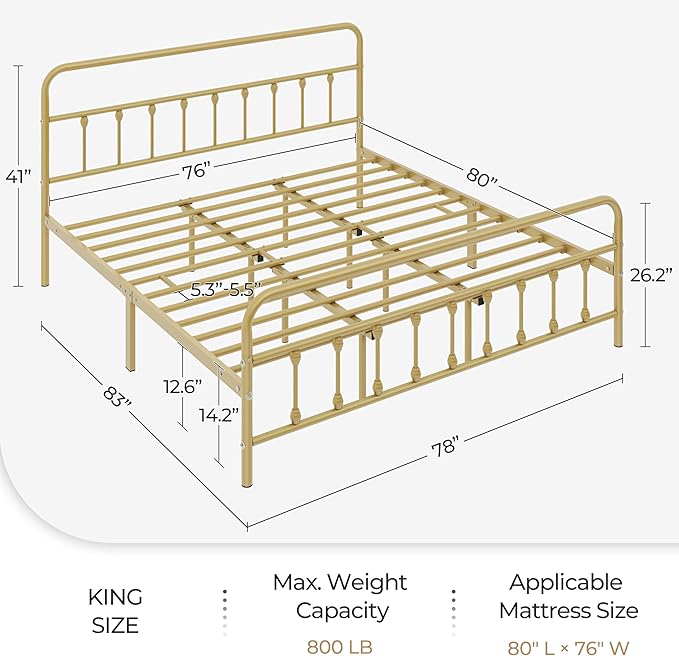 Yaheetech Classic Metal Platform Bed Frame Mattress Foundation with Victorian Style Iron-Art Headboard/Footboard/Under Bed Storage/No Box Spring Needed/King Size Antique Gold