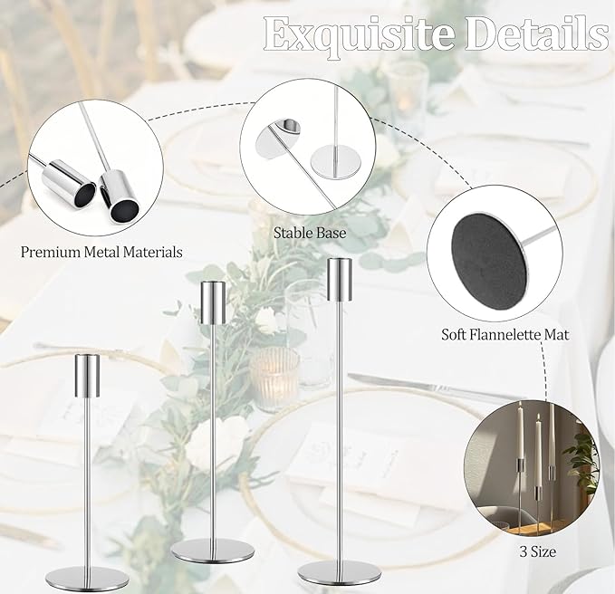Set of 3 Silver Taper Candle Holders, Metal Gold Candlestick Holders, Tall Candle Holder, Fits 3/4 inch Thick Candle&Led Candles, for Table Centerpiece, Wedding, Dinning, Party Home Decor