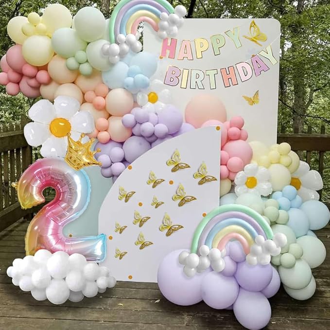 Pastel Balloon Garland Kit 219Pcs Daisy Balloon Arch, Pastel Balloons Different Sizes, Happy Birthday Banner, Cake Toppers, Number 2 Balloon, 3D Butterfly, 2nd Birthday Decorations for Girl