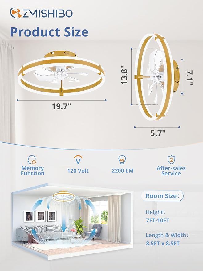 ZMISHIBO Ceiling Fans with Lights and Remote, 19.7'' Low Profile Ceiling Fan, 3000-6000K Dimmable Modern Flush Mount LED Fan Light, 6 Wind Speeds, Gold Fandelier Ceiling Fans for Bedroom