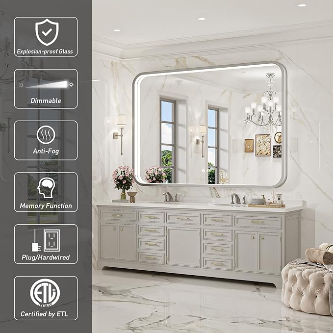 LED Bathroom Mirror with Lights,43x36 Inch Brushed Silver Framed Lighted Vanity Mirror,Anti Fog Stepless Dimmable Wall Mounted(Horizontal/Vertical)