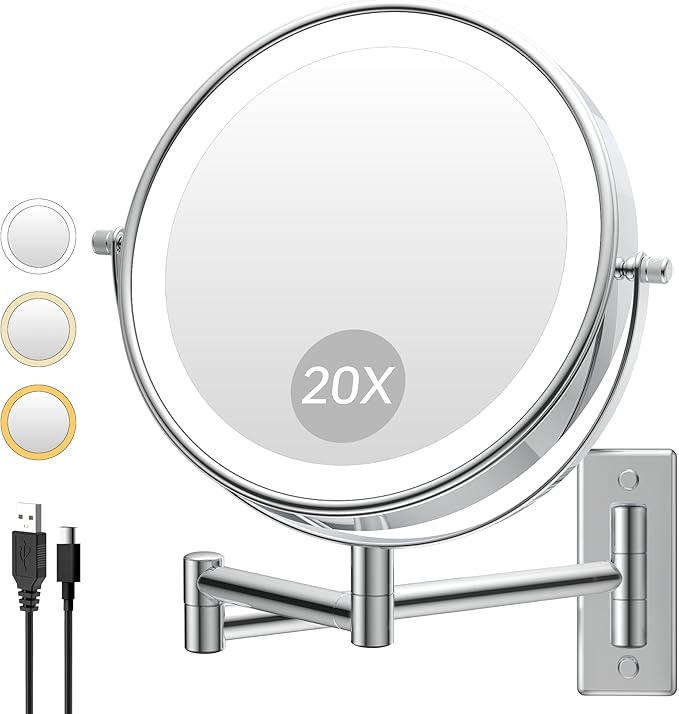 1X/20X Wall Mounted Makeup Mirror with Lights, 8" Double Sided Bathroom Magnifying Mirror with 360° Extension Arm, Dimmable, Rechargeable, Touch Control, Chrome