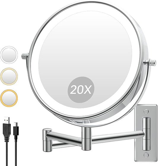1X/20X Wall Mounted Makeup Mirror with Lights, 8" Double Sided Bathroom Magnifying Mirror with 360° Extension Arm, Dimmable, Rechargeable, Touch Control, Chrome