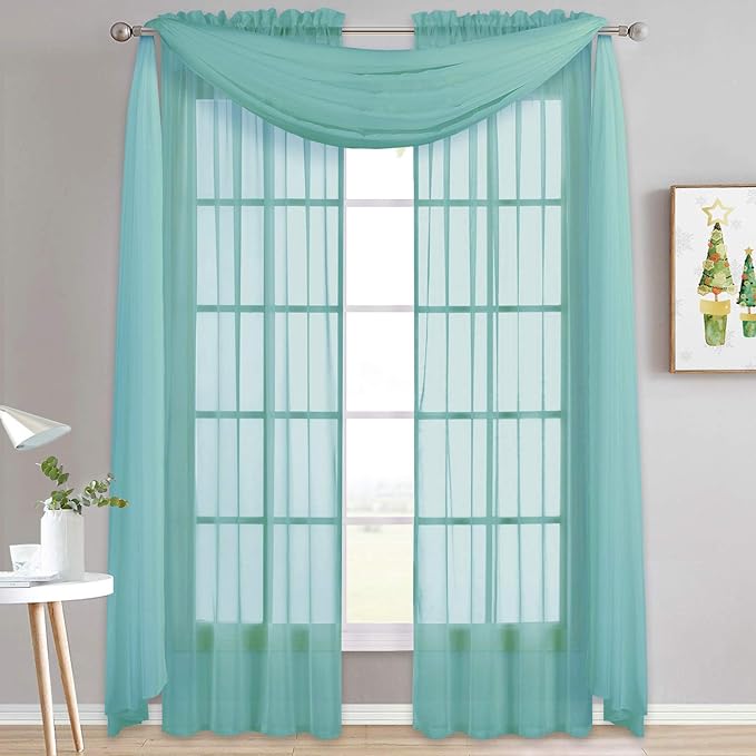 NICETOWN Pool Blue Decorative Window Scarfs, Fresh Color Chic Voile Sheer Curtains Flexible Valances for Beach House & Nursery Decor, Set of 2, W60 x L216