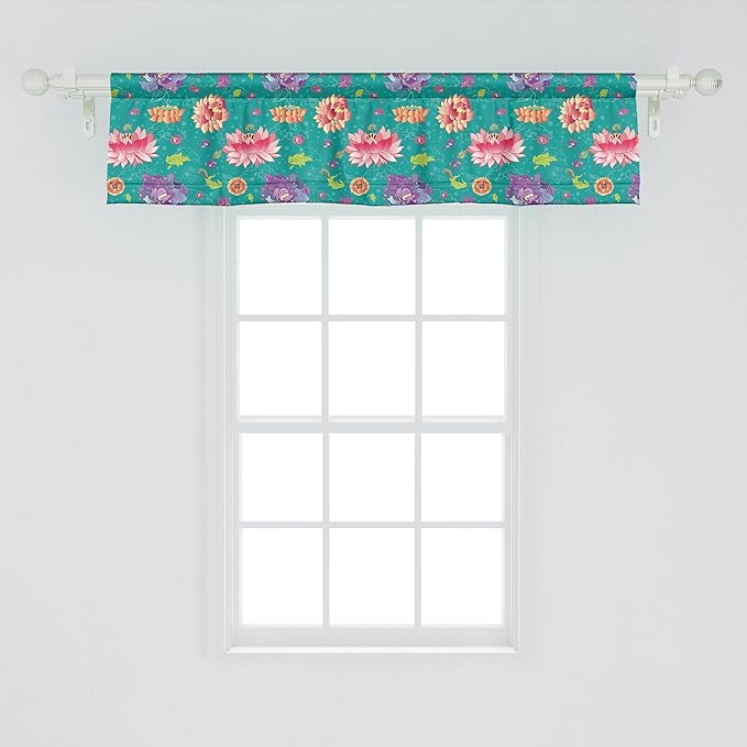 Ambesonne Floral Window Valance Pack of 2, Pattern with Lotus Flowers Peonies and Chrysanthemums Oriental Motifs Garden Art, Rod Pocket Curtain Valances for Kitchen Bedroom, 54" X 12", Teal