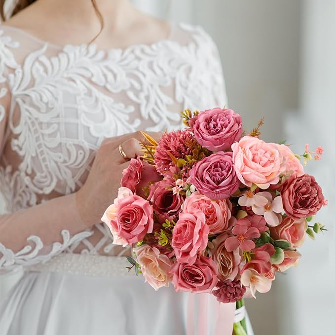 Zeyune 12 Bundles Artificial Peonies Flowers Artificial Silk Rose Faux Dahlia Fake Chamomile Hydrangea Bouquet Bulk for Vase Home Wedding Centerpiece Party Decoration (Dust Rose,Petal Dust)