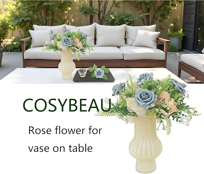 Artificial Rose Flowers 25pcs, Dusty Sea Blue Foam Fake Rose Faux Flower for Wedding Bouquets Bridal Shower Centerpieces Floral Arrangements Home Decorations Party Backdrops Table