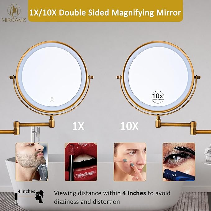 Rechargeable Wall Mounted Lighted Makeup Vanity Mirror 8 Inch Double Sided 1X 10X Magnifying for Bathroom, 3 Color Lighting, Touch Screen, 360 Rotation Shaving Brushed Antique Brass