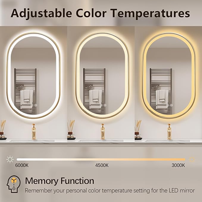 Niccy Oval LED Mirror for Bathroom, 32x20 Front Lit + Backlit Vanity Mirrors with Light Anti-Fog, Shatter-Proof, Makeup Mirror with Gold Frame (Horizontal/Vertical)