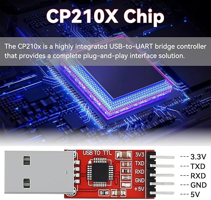 CP2102 USB to TTL Serial Adapter – USB 2.0 to 5Pin UART Converter Module with 3.3V/5V Output, STC Compatible, Includes Jumper Wires – for Arduino, ESP8266, STM32, DIY Projects (1-Pack)