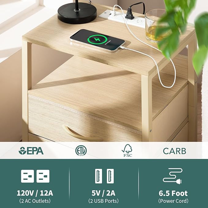 Yoobure Nightstand with Charging Station, LED Night Stand with Fabric Drawers and Storage Shelf for Bedroom, Nightstands Bedside Tables with USB Ports & Outlets, Small Night Stands, Bed Side Table
