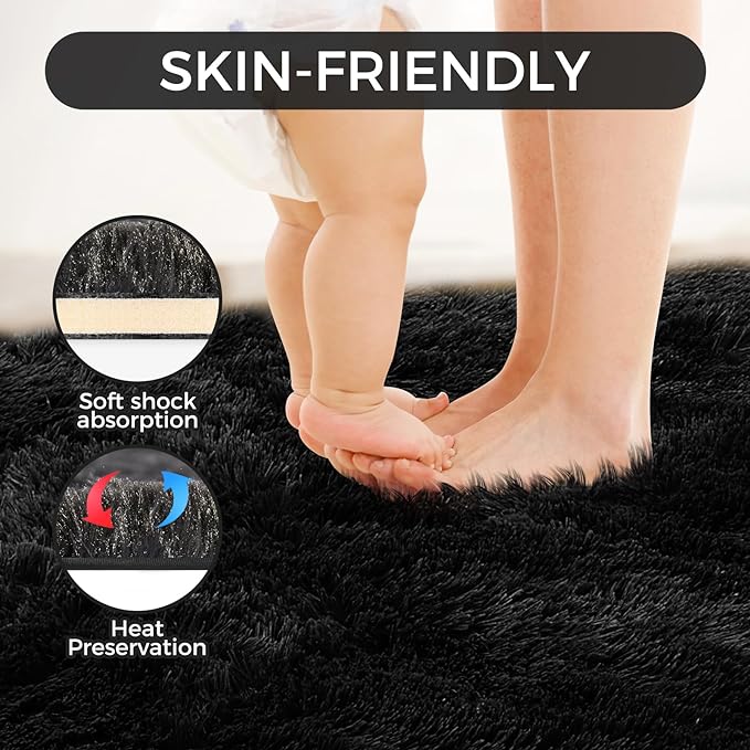 Ultra Soft Rug for Living Room, 4X6 Fluffy Shag Area Rug for Bedroom, Modern Shaggy Carpets Fuzzy Rug for Teens Dorm Nursery Home Decor Aesthetic, Upgrade Anti-Skid Durable, Black