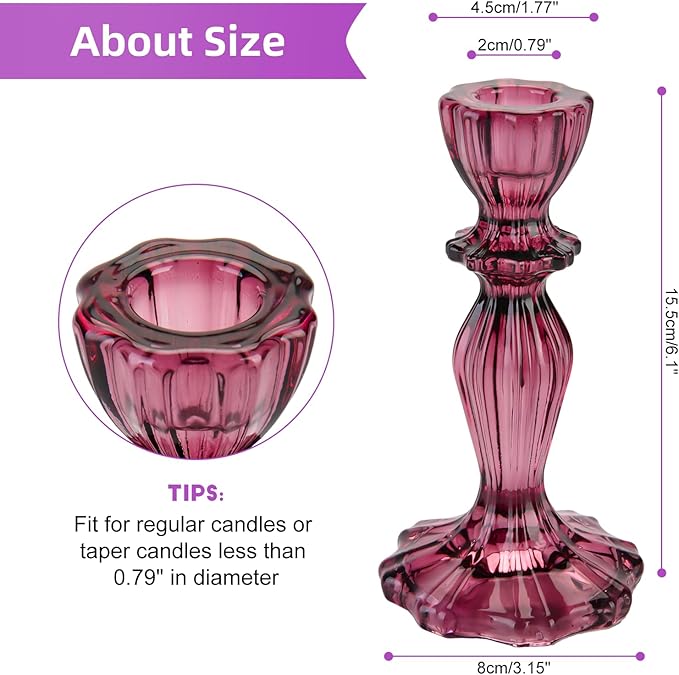 Glass Candle Holders, 2PCS Wide Base Candlestick Holder Decorative Candle Stand Table Centerpieces for Halloween Christmas Wedding Birthday Party, Dark Purple