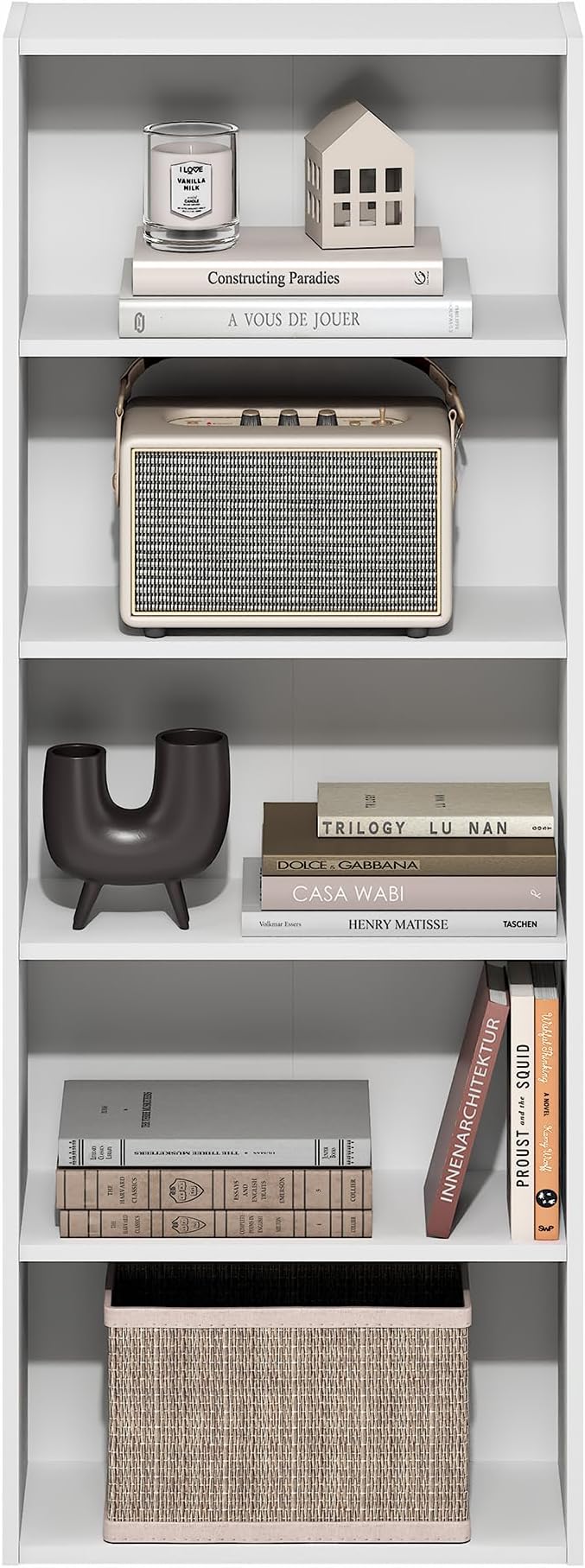 Furinno Basic Book Shelf, 5-Tier Bookshelf, Cube Storage Organizer Bookcase with Open Shelf, 7 x 17 x 44, for Living Room, Bedroom, Home Office, White