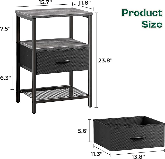 Huuger Night Stand with Fabric Drawer, Side Table with Mesh Shelf, Bedroom Nightstand, Fabric Drawer Dresser, Open Shelf, Metal Frame, Couch Side, Charcoal Gray