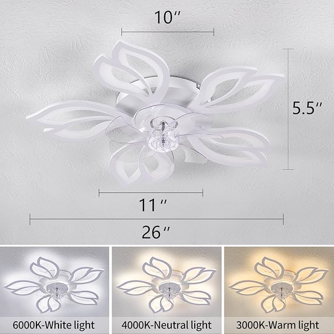 Ceiling Fan with Lights Remote Control, 26" White Low Profile Ceiling Fan with Light, Modern Leaf Geometric Flush Mount Ceiling Fan for Kitchen Bedroom