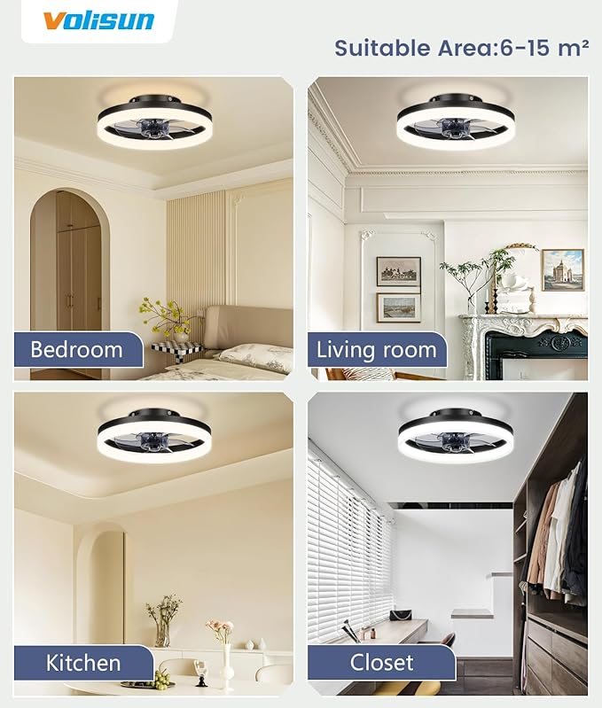 VOLISUN 13 inch Small Ceiling Fans with Lights and Remote, Low Profile Ceiling Fans with Light, 3000K-6500K Dimmable LED Ceiling Light Flush Mount, Bladeless Fandelier Ceiling Fan (Black)