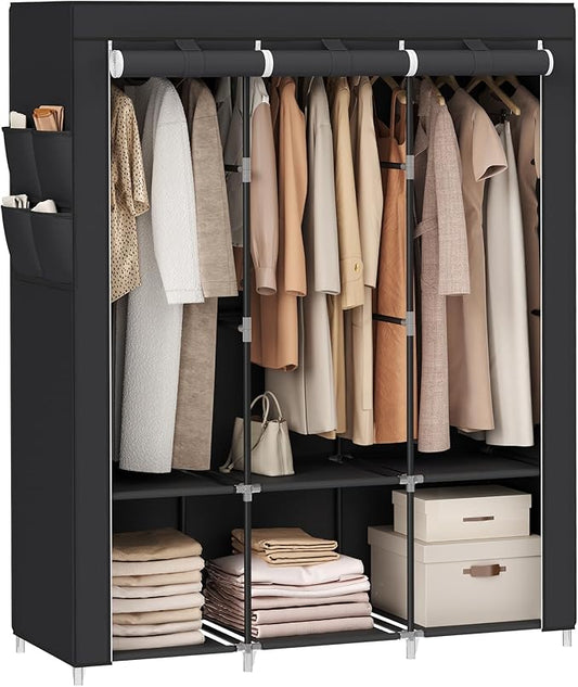 SONGMICS Portable Closet, Wardrobe Closet Organizer with Cover, 3 Hanging Rods and Shelves, 4 Side Pockets, 51.2 x 17.7 x 65.7 Inches, Large Capacity for Bedroom, Living Room, Ink Black URYG092B02