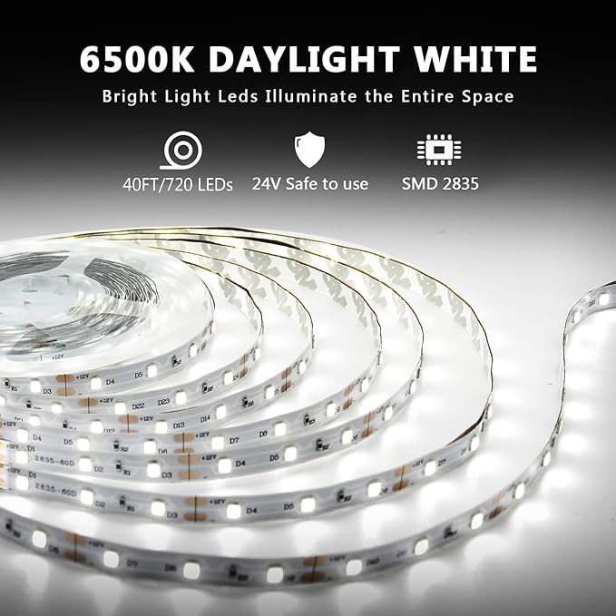 dalattin White LED Strip Lights, 40ft Dimmable LED Light Strip 6500K Bright Daylight White 24V, 720 LEDs 2835 Tape Lights for Bedroom, Kitchen, Mirror, Home Decoration(2 * 20ft)