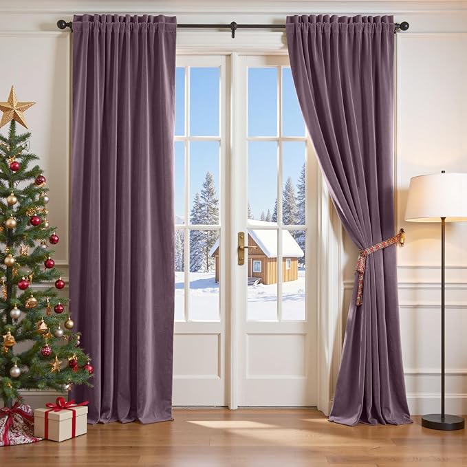 Lazzzy Velvet Blackout Curtains Thermal Insulated Room Window Drapes Super Soft Luxury Curtains for Living Room Bedroom Rod Pocket 2 Panels, Lavender Purple, 52" W x 84" L