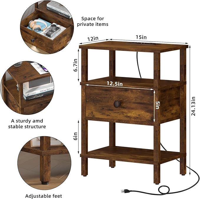 Lerliuo Nightstand with Charging Station and USB Ports, 3-Tier Storage End Table with Drawer Shelf, Night Stand for Small Spaces, Wood Bedside Table for Living Room, Bedroom - Retro Brown…