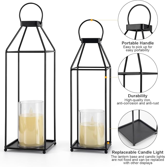 Lanterns Decorative Outdoor 2PCS Living Room Decor Lantern Black Metal Lantern Front Porch Decor Lanterns Decor Indoor with LED Candle Lanterns Decor No Glass for Indoor Outdoor (Small&Large, 2Pcs)