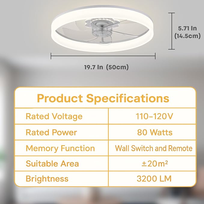 20'' Ceiling Fan with Light, Upgraded Low Profile Fan, Flush Mount Ceiling Fan, 6 Speeds, Dimmable LED, App & Remote Control, Quiet DC Motor, for Bedroom, Living Room, F116 White