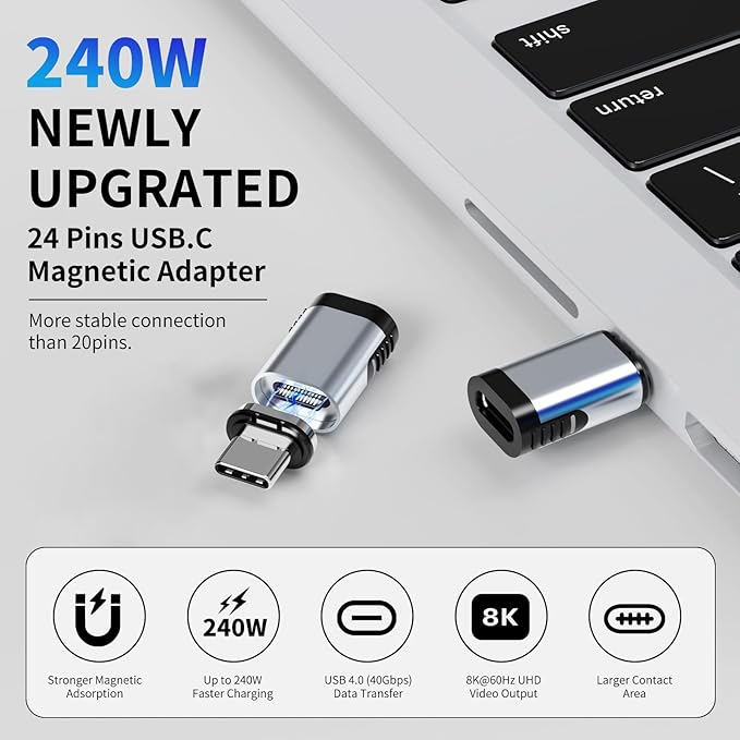 240W USB C Magnetic Adapter, (2 Pack 2 Plugs) Magnetic USB C Adapter Right Angle 24Pin, USB4 40Gbps 8K 60Hz for Thunderbolt 3/4, MacBook Pro/Air,Steam Deck, PS5