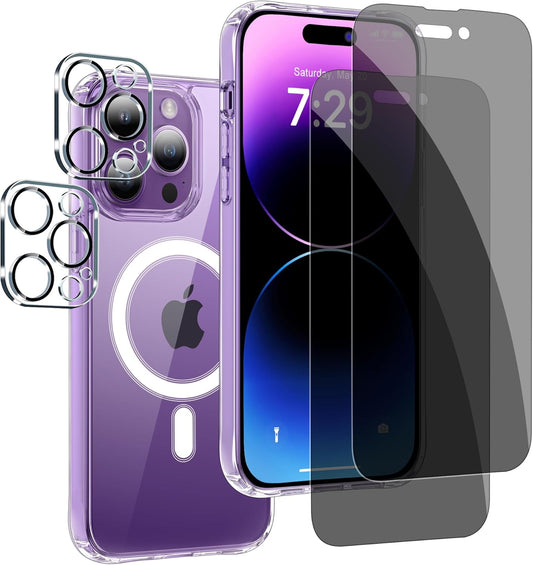 for iPhone 14 Pro Max (5 in 1) MagSafe Shockproof Anti-Drop Cover Case with Anti-Spy Glass Screen Protector, Clear