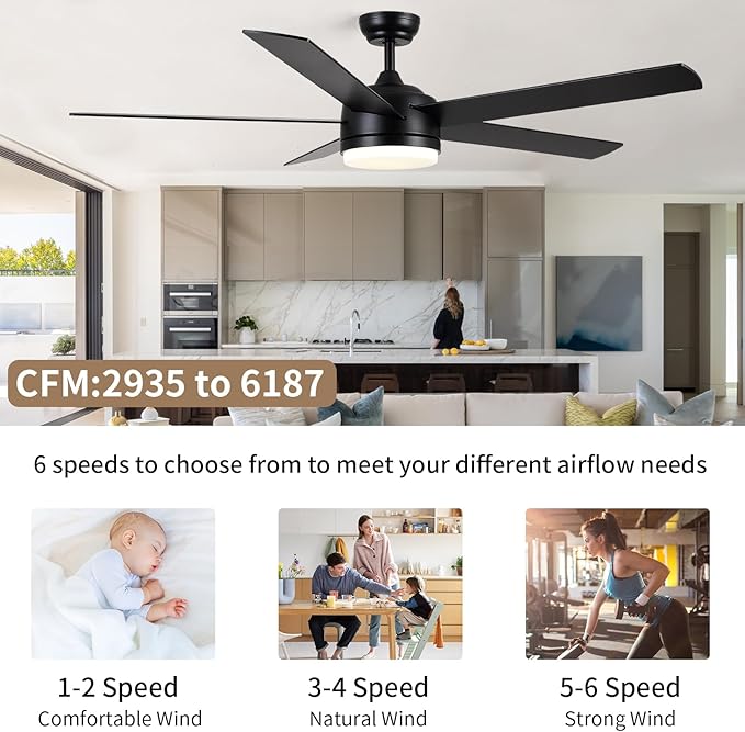 YUHAO 60 Inch Black Ceiling Fan with Light and Remote Control.Noiseless,Dimmable,3CCT,6 Speeds Reversible, DC Ceiling Fans for Indoor or Covered Outdoor