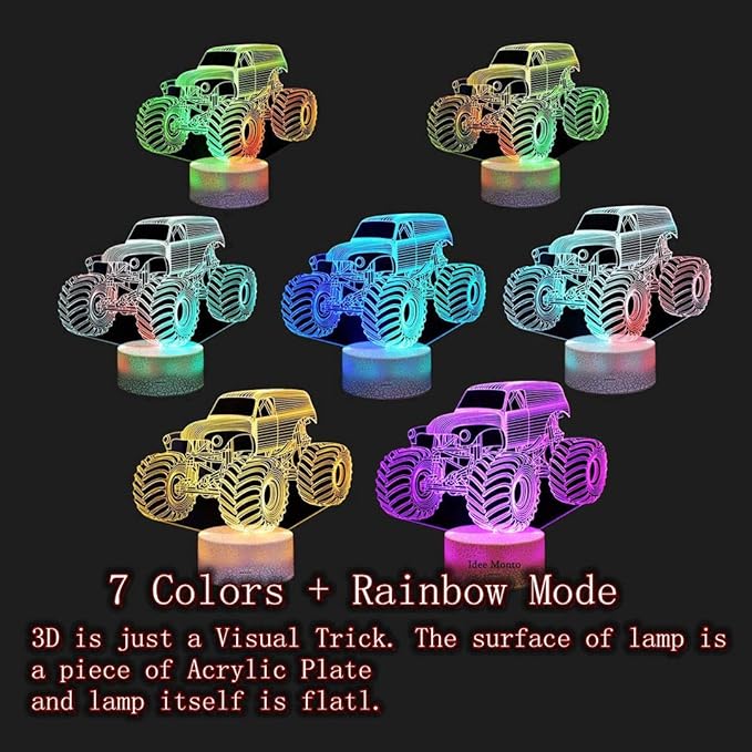3D Night Lights for Children, Kids Night Lamp, Monster Trucks for Boys, 7 LED Colors Changing Lighting, Car Shape Acrylic Lighting Table Desk Bedroom Decoration, Cool Gifts Ideas Birthday Xmas