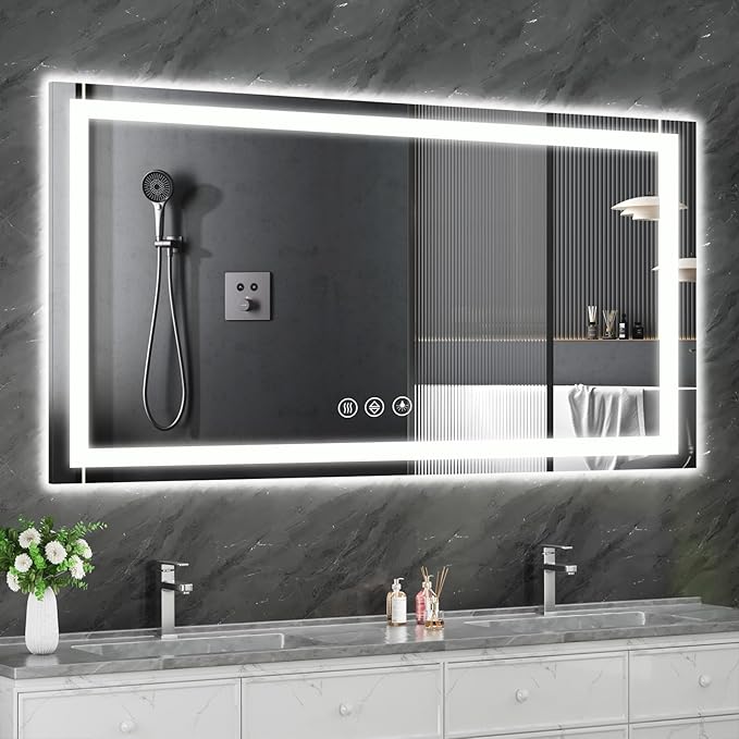 Koonmi 30x60 LED Bathroom Mirror, Backlit + Front Lit, LED Bathroom Mirror with Lights for Wall, 3 Colors, Anti-Fog, Dimmable Brightness, Memory Function, Tempered Glass