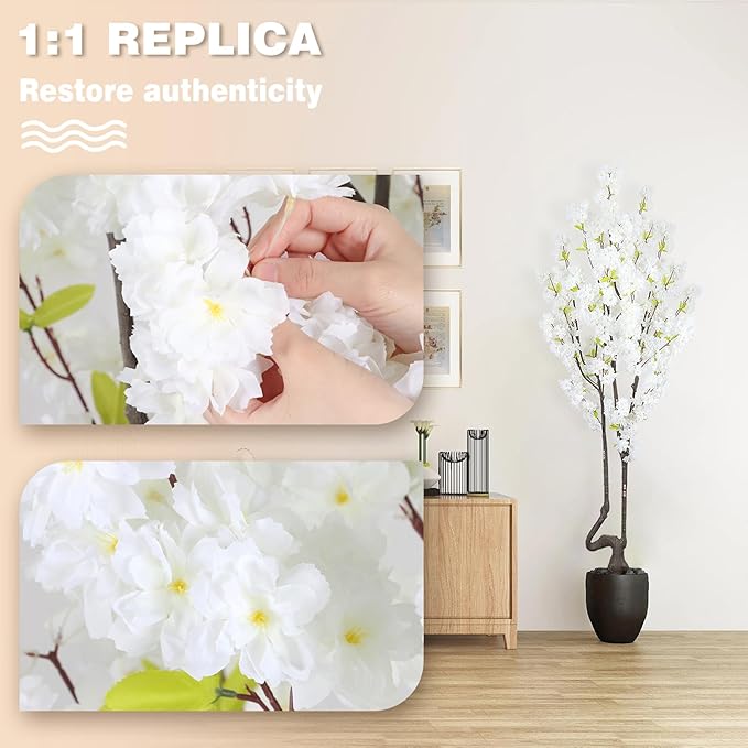 7.2 ft White Artificial Cherry Blossom Tree for Home Decor, Nearly Nature Faux Silk Flower Tree Indoor, Fake Realistic White Flowering Plant for Living Room Wedding Office Decorations