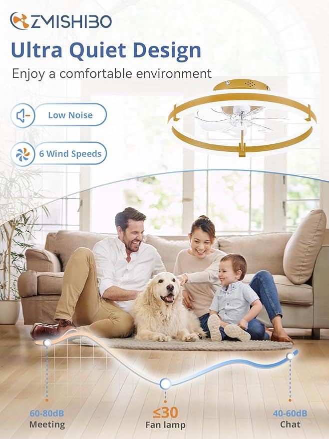 ZMISHIBO Ceiling Fans with Lights and Remote, 19.7'' Low Profile Ceiling Fan, 3000-6000K Dimmable Modern Flush Mount LED Fan Light, 6 Wind Speeds, Gold Fandelier Ceiling Fans for Bedroom