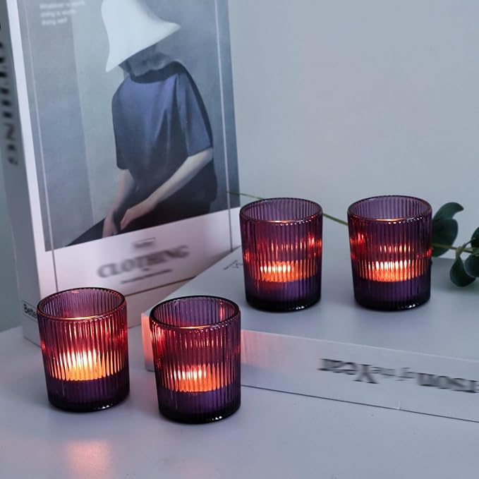 VOHO 12pcs Purple Votive Candle Holders for Christmas Holiday Decorations, Vintage Glass Votive Candle Holder for Coffee Table Centerpiece, Ribbed Tealight Candle Holder for Birthday Gifts