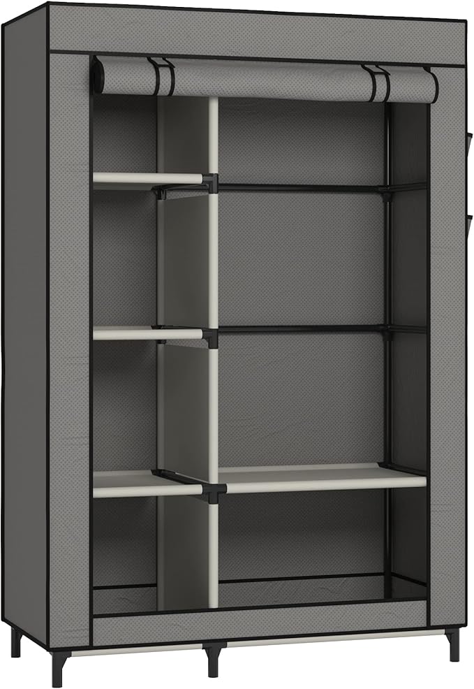 Buzowruil Portable Closet Wardrobe - 6-Shelf Storage with Hanging Rail, Non-Woven Fabric, Dust-Resistant, Easy Assembly, Space-Saving Design, Grey