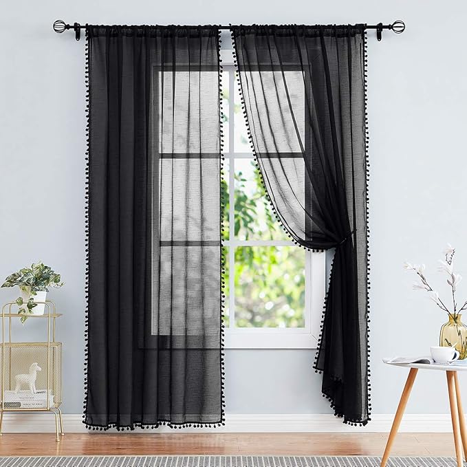 Treatmentex Pom-pom Sheer Black Curtains for Living Room 84 inches Length Modern Window Curtain Panels for Kids Room Drapes 1 Pair Rod Pocket