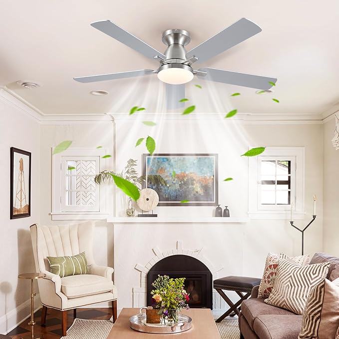 Ceiling Fans with Lights, 52" Flush Mount Ceiling Fan with Light and Remote/APP Control, Low Profile, Modern Ceiling Fan Reversible, Dimmable, Noiseless, Ceiling Fan for Bedroom，Brushed Nickel