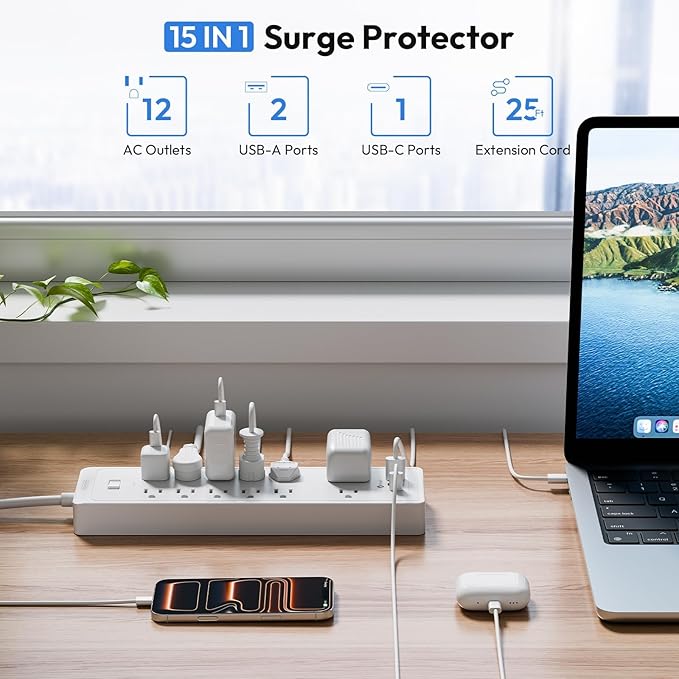 15 ft Extension Cord Flat Plug Power Strip, NTONPOWER 2100 Joules Surge Protector with 12 Outlet 3 USB Port, 1875W/15A, Overload Protection, Long Cord Wall Mountable for Home Office Accessories, White