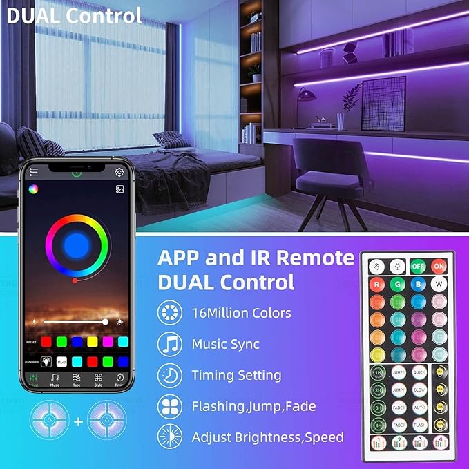 KSIPZE Led Lights for Bedroom 50ft Led Strip Lights with Remote RGB Color Changing Music Sync Bluetooth Smart App Control for Room Bedroom Lighting Flexible Home Décor