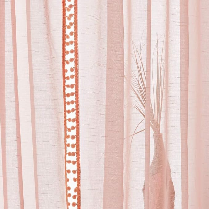 Treatmentex Pompom Sheer Curtain Panels for Living Room Bedroom 52" w x 108" l Blush-Pink Window Curtain Drapes for Baby Girl's Room
