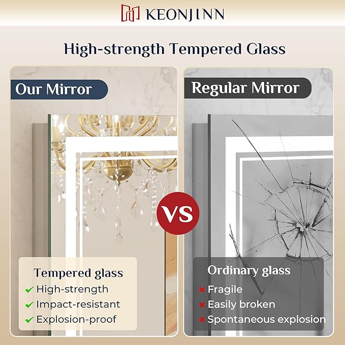 Keonjinn LED Bathroom Mirror 48” x 30” with Frontlit and Backlight, Stepless 3 Colors Temperature & Dimmable Wall Mirror, Tempered Glass, UL Listed LED Driver, Double Lights, Anti-fog Frameless Mirror
