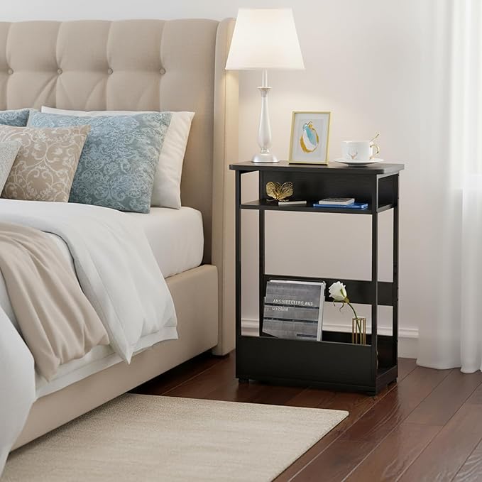 Vintage Narrow Side Table with Storage Shelf, 3 Tier Slim End Table Modern Sofa Table for Narrow and Small Spaces, 24.6 Inch Height Bedside Table Nightstand (Black, Large)