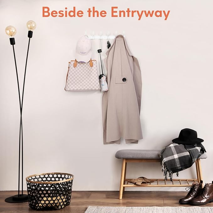 Coat Rack Wall Mount, Coat Hook Wall Mount, Wall Hooks for Hanging, Hat Rack for Walls, Coats Hanger with 12 Hook, Towel Hooks for Bathrooms (1 Pack, White)