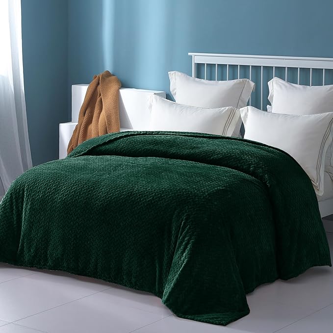 Exclusivo Mezcla Fleece Queen Size Blanket for Bed, 90x90 Inches Soft Cozy Jacquard Flannel Blankets, Lightweight Fuzzy Plush Warm for Winter, Forest Green